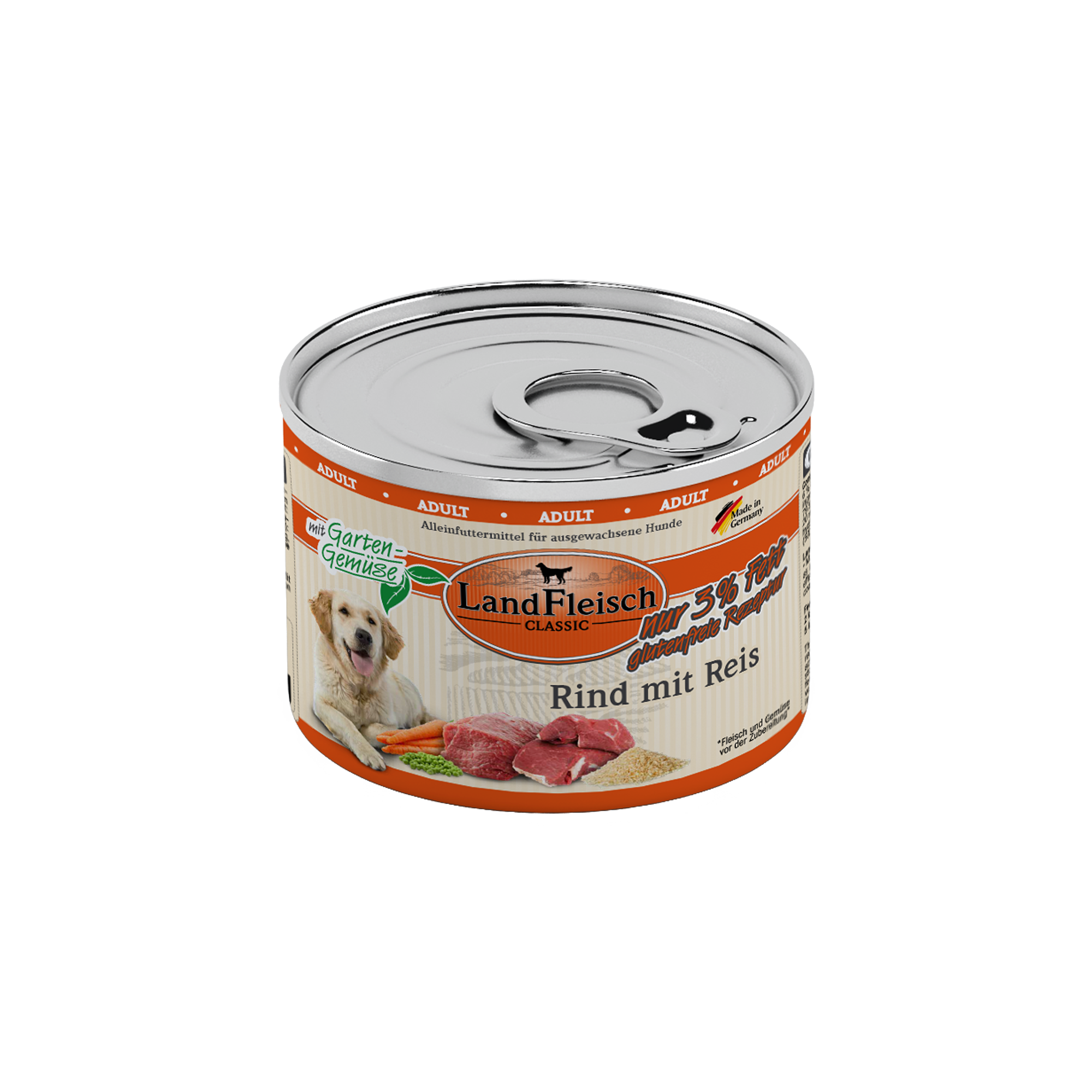 Landfleisch Hund Nassfutter Rind mit Reis extra mager ohne Gluten 195g