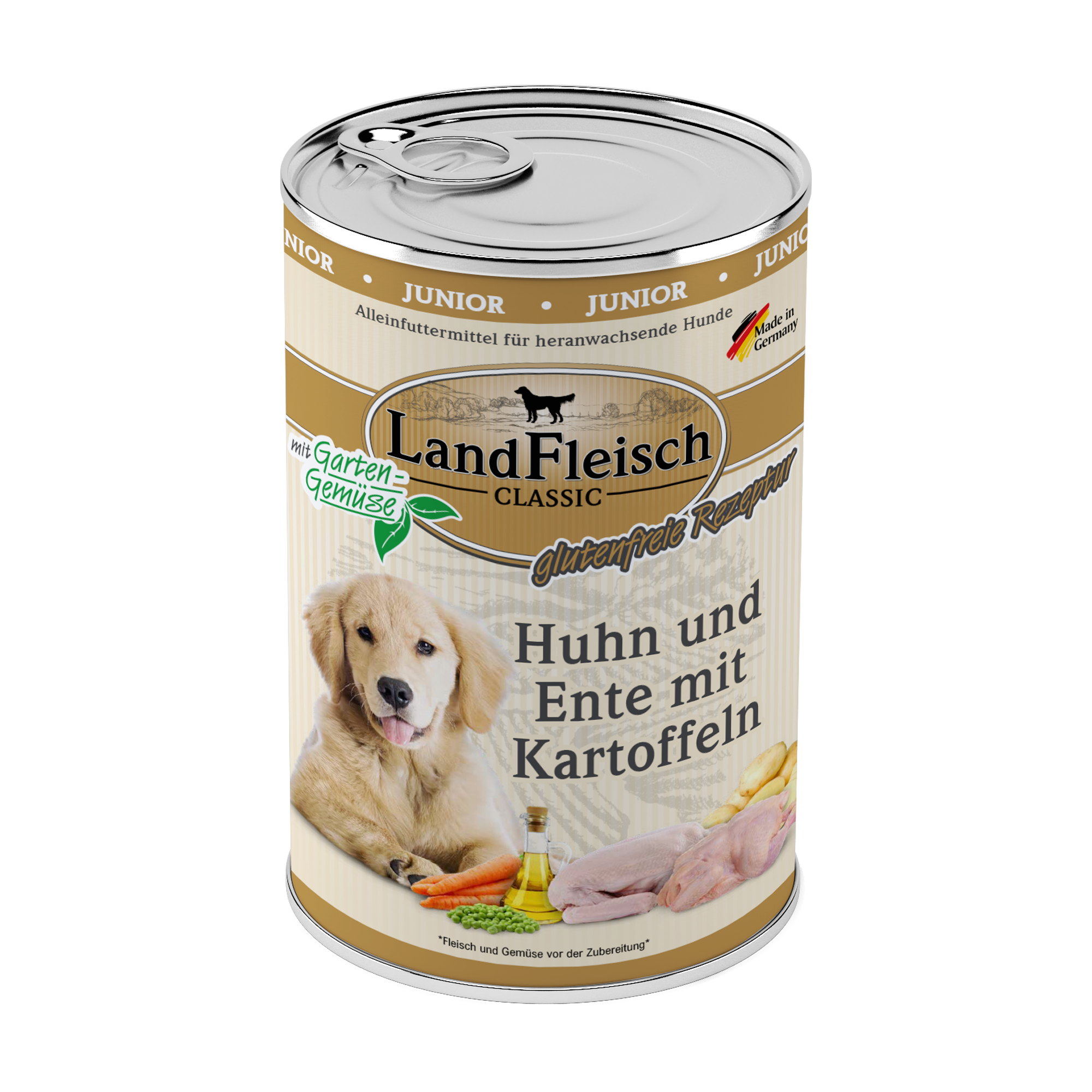 Landfleisch Hund Nassfutter Junior Huhn und Ente mit Kartoffel ohne Gluten 400g