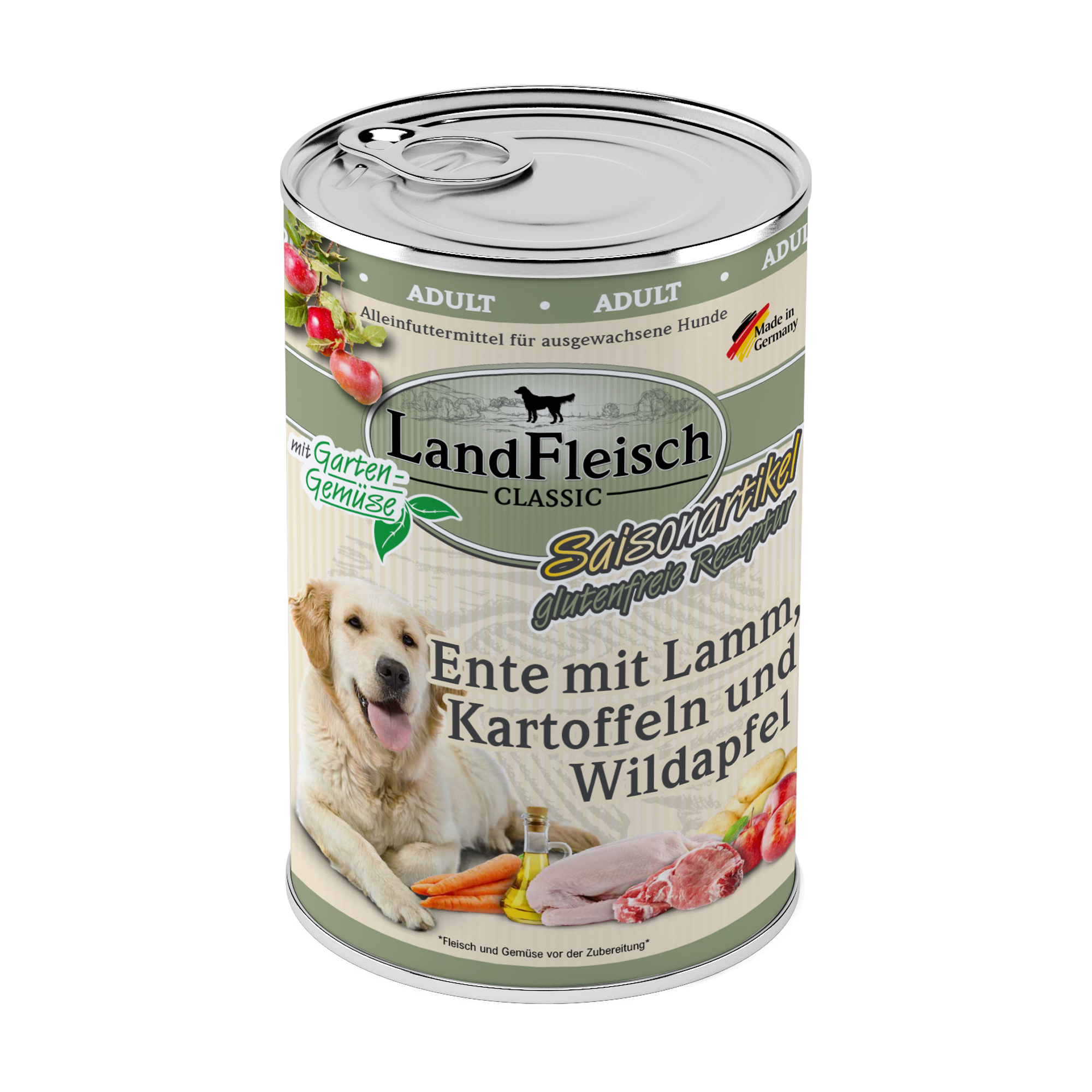 Landfleisch Hund Nassfutter Ente mit Lamm, Kartoffeln und Wildapfel ohne Gluten 400g