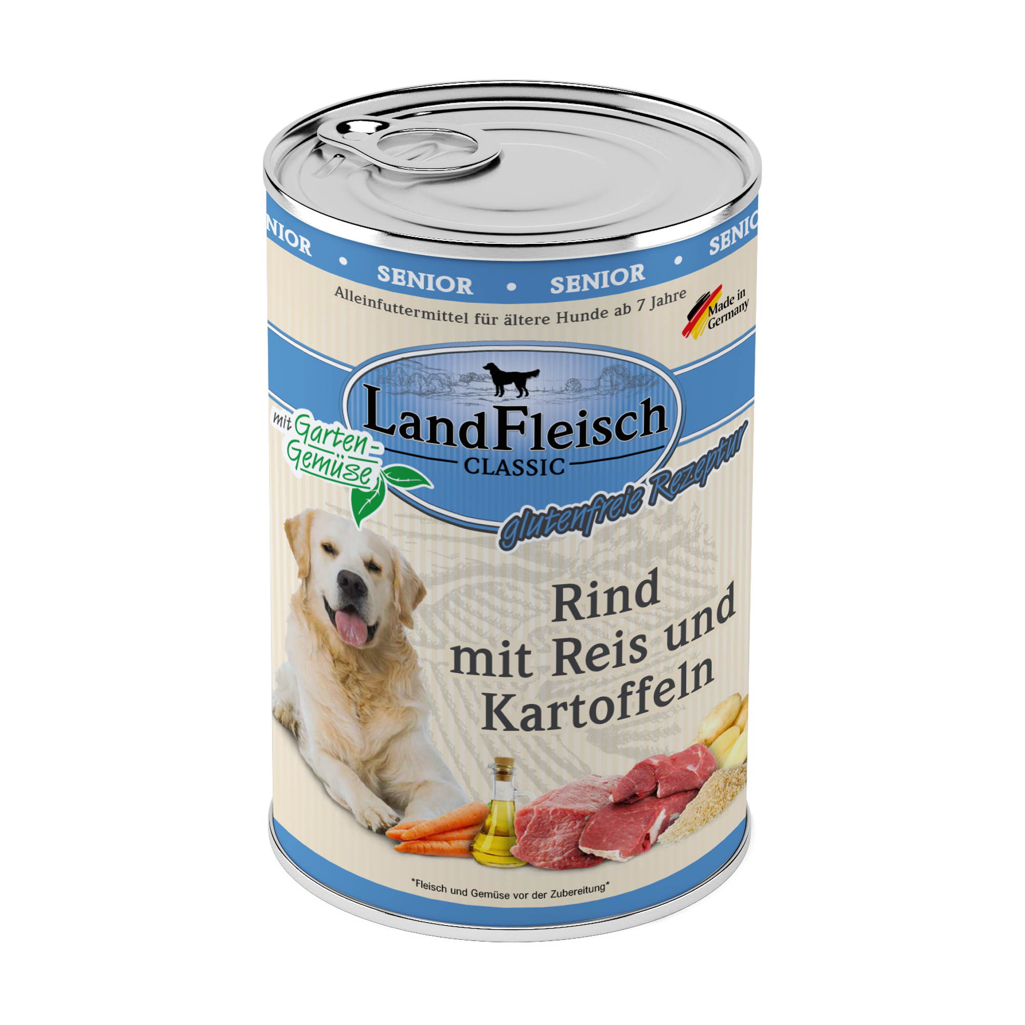 Landfleisch Hund Nassfutter Senior Rind mit Reis und Kartoffeln ohne Gluten 400g