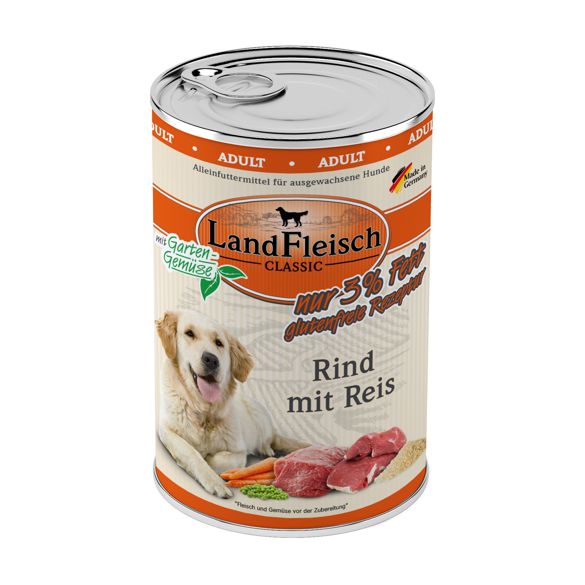 Landfleisch Hund Nassfutter Rind mit Reis extra mager ohne Gluten 400g