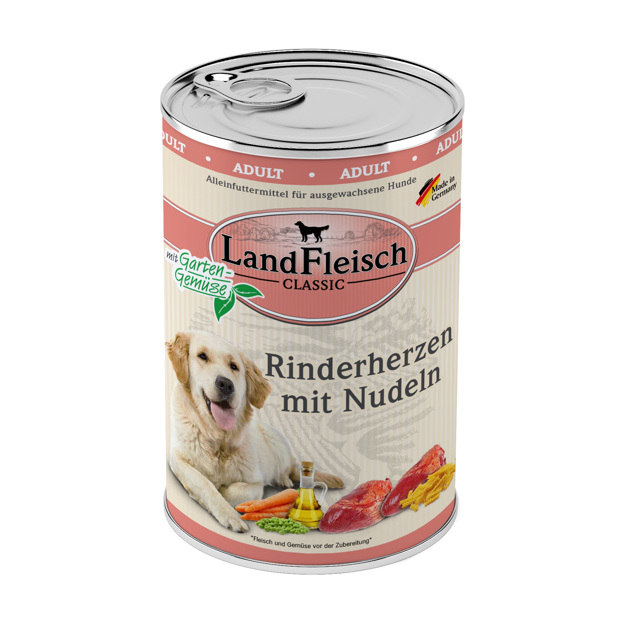Landfleisch Hund Nassfutter Rinderherzen mit Nudeln 400g