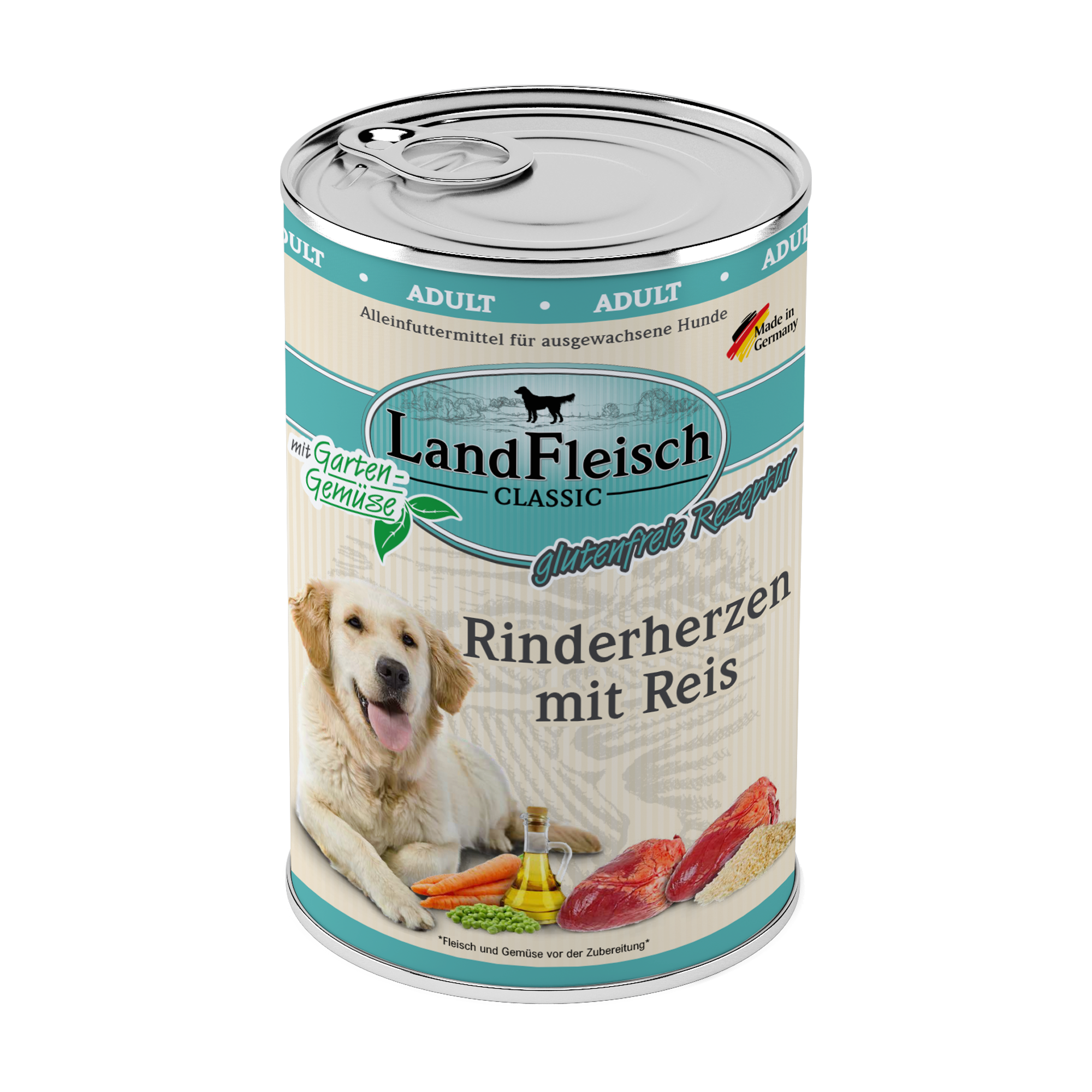 Landfleisch Hund Nassfutter Rinderherzen mit Reis ohne Gluten 400g