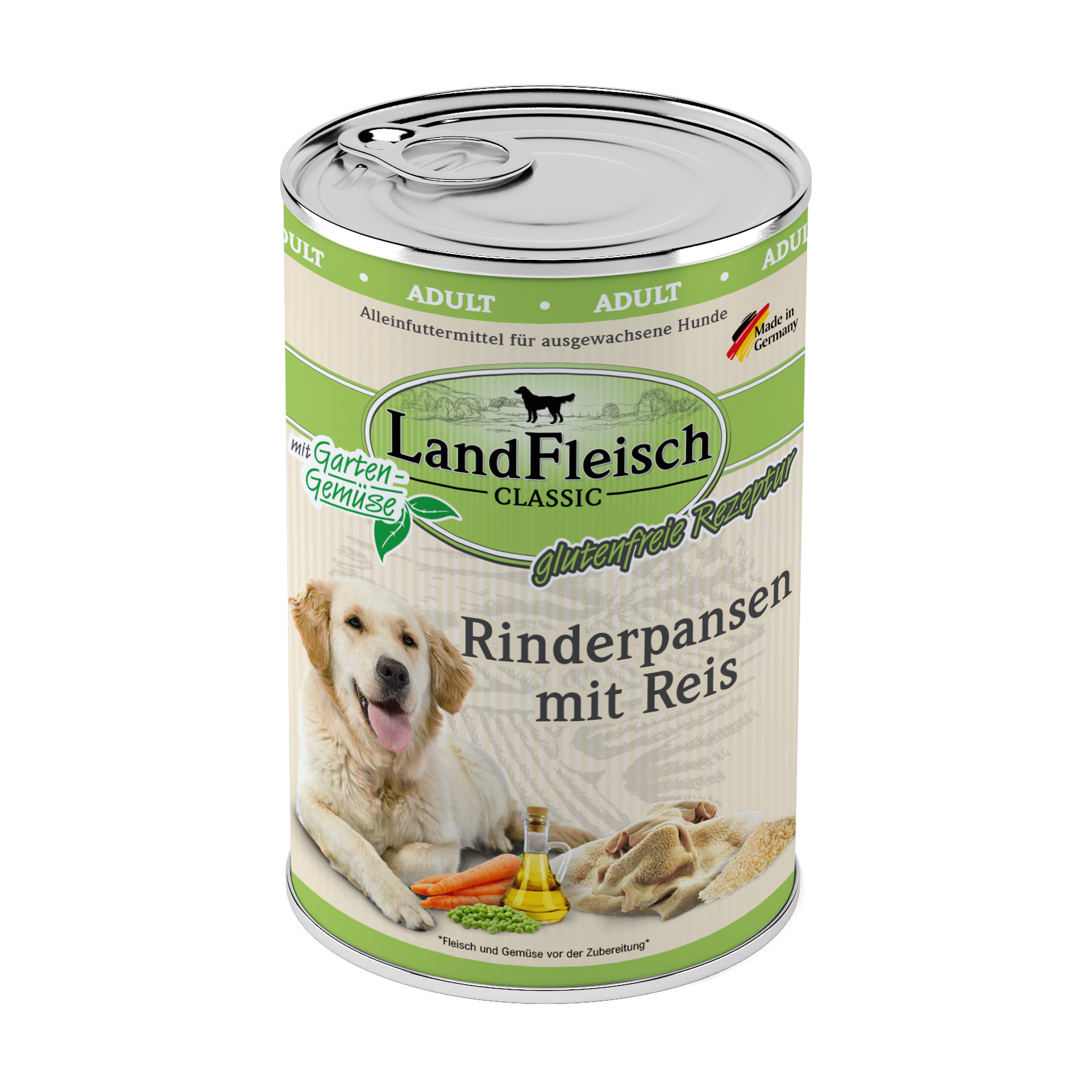 hunde nassfutter aufbewahren LandFleisch Dog Classic Rinderpansen mit Reis und Gartengemüse