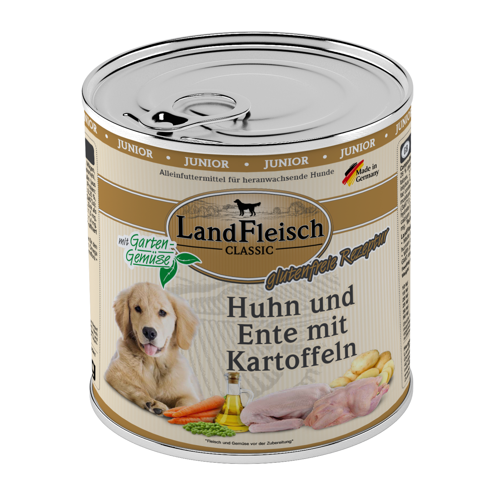 Landfleisch Hund Nassfutter Junior Huhn und Ente mit Kartoffel ohne Gluten 800g