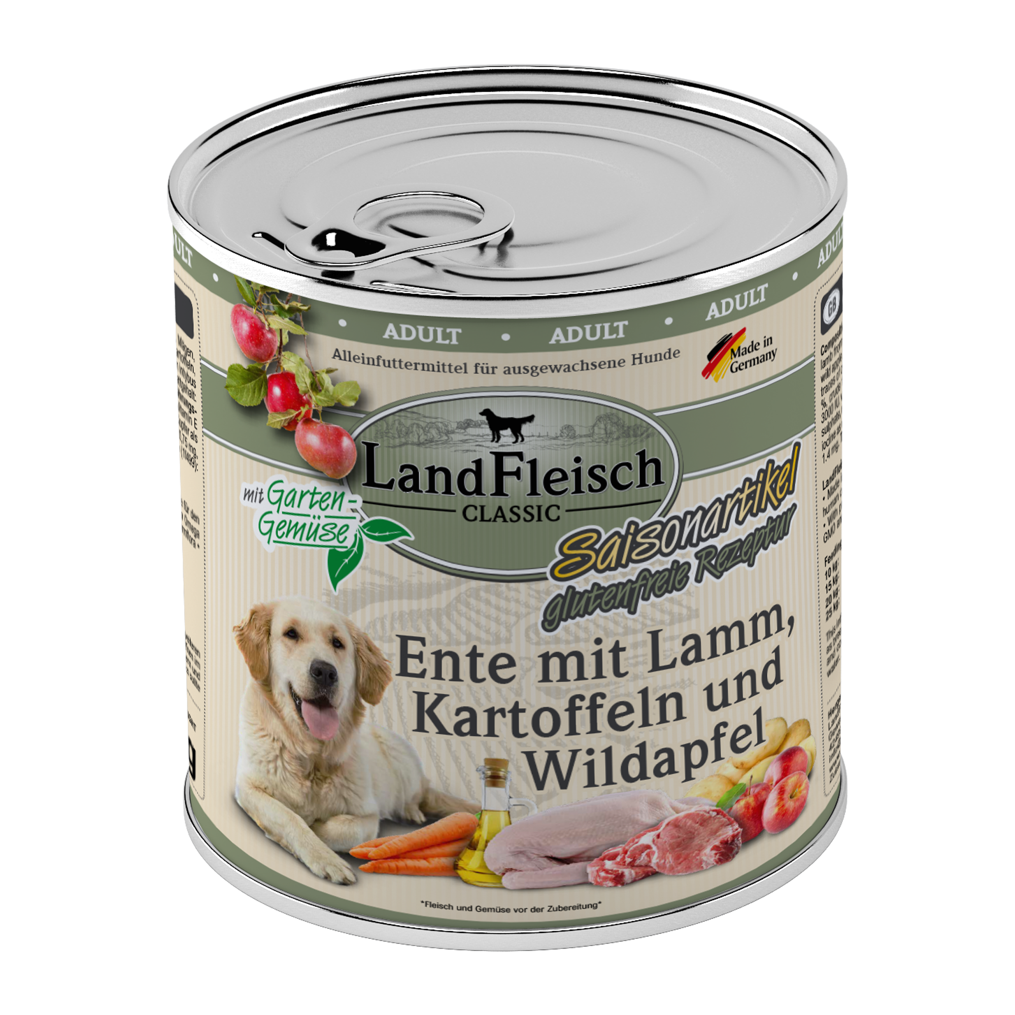 Landfleisch Hund Nassfutter Ente mit Lamm, Kartoffeln und Wildapfel ohne Gluten 800g