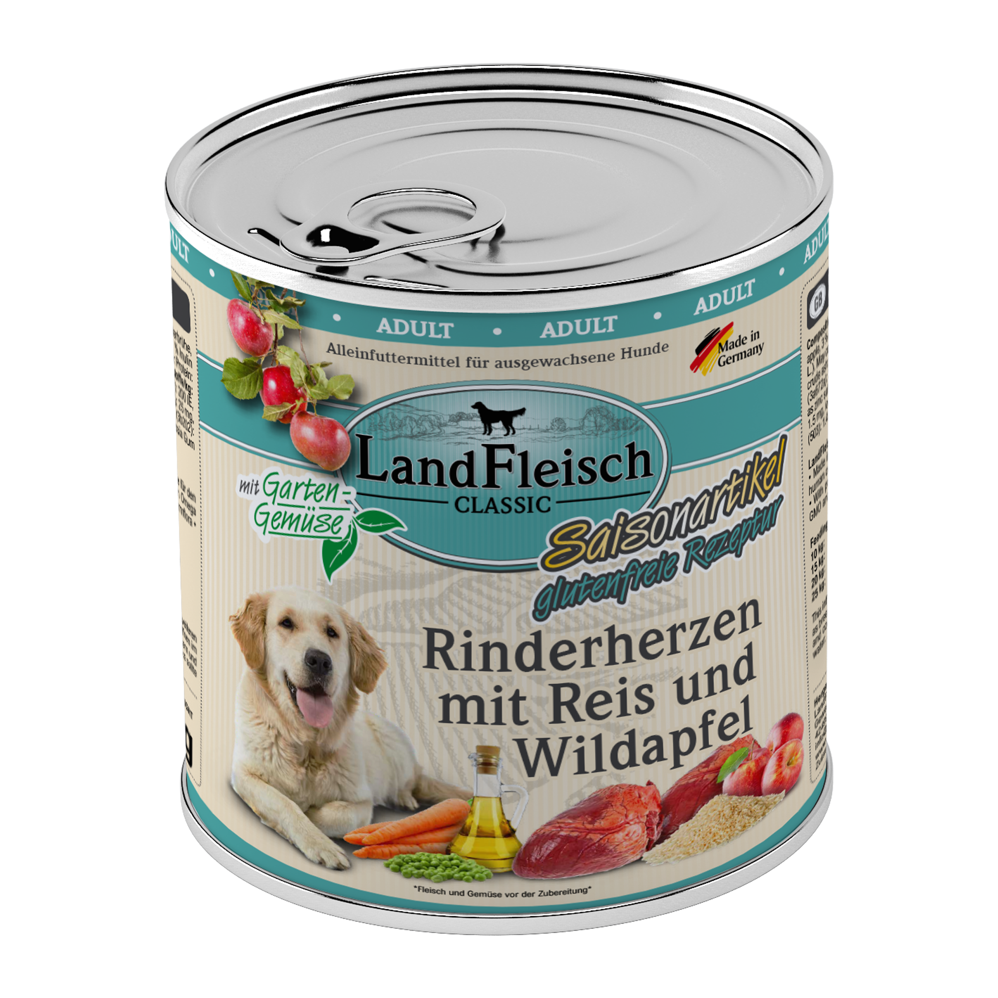 Landfleisch Hund Nassfutter Rinderherzen mit Reis und Wildapfel ohne Gluten 800g