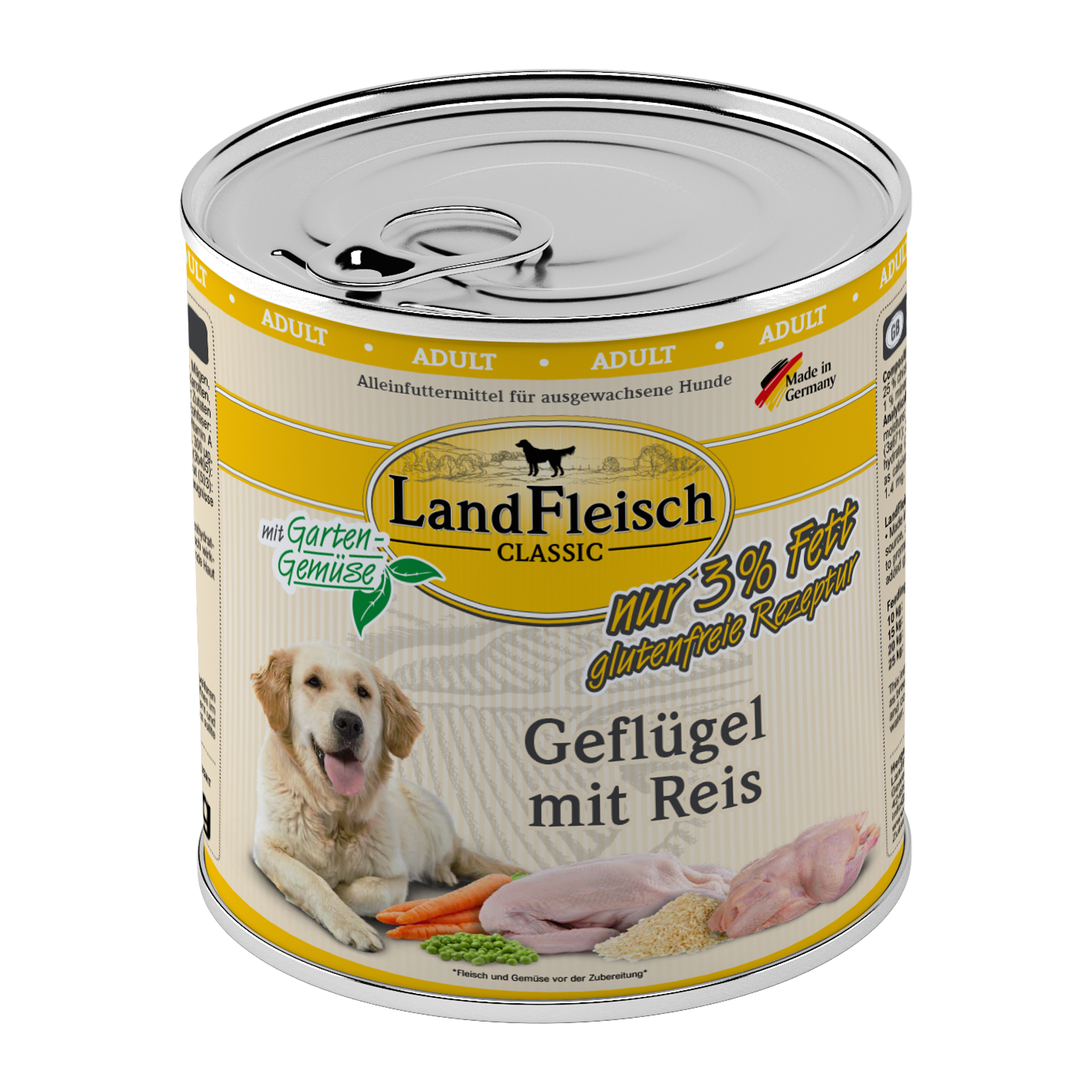 Landfleisch Hund Nassfutter Geflügel mit Reis extra mager ohne Gluten 800g