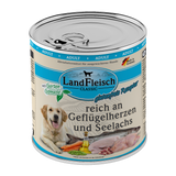 Landfleisch Hund Nassfutter reich an Geflügelherzen und Seelachs ohne Gluten 800g