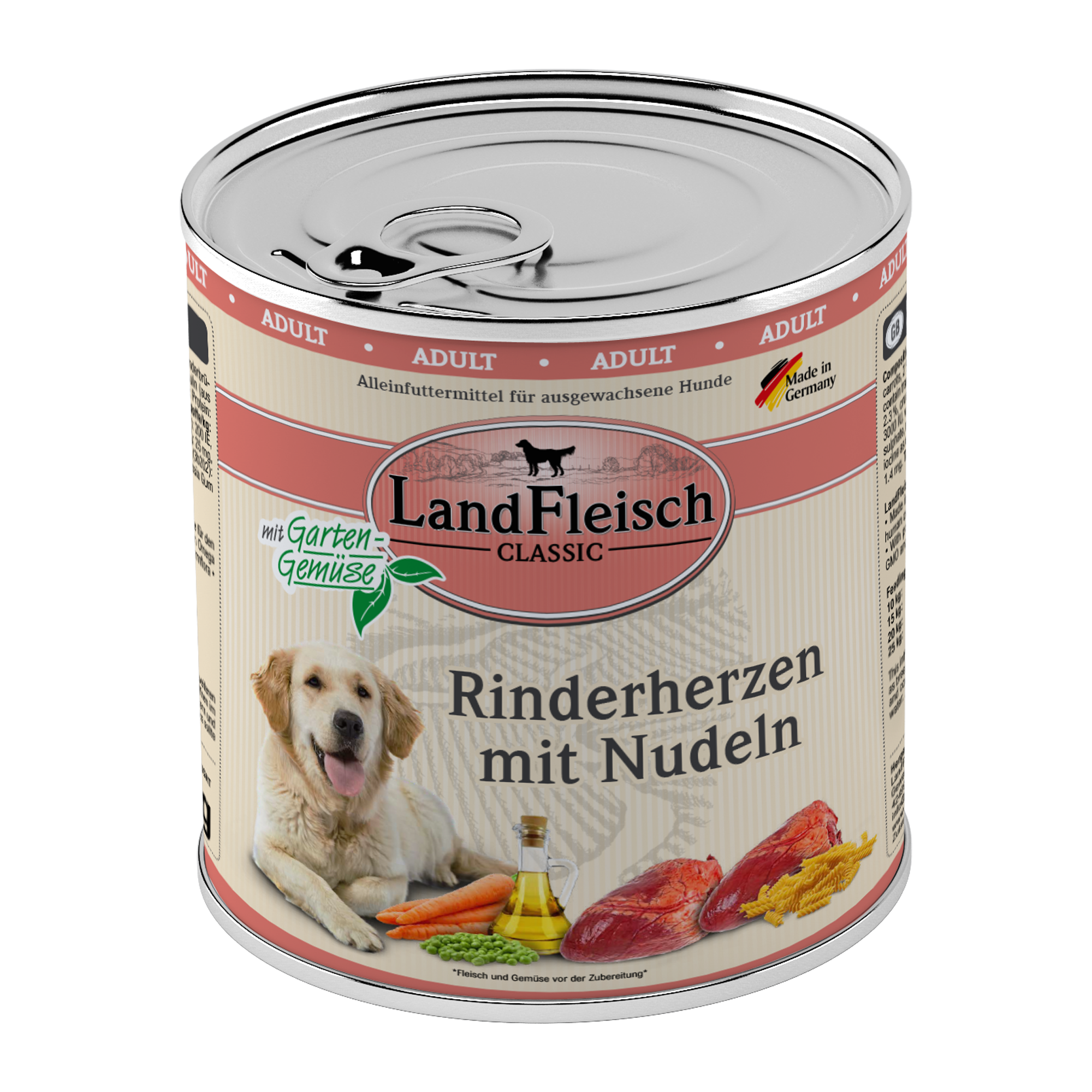Landfleisch Hund Nassfutter Rinderherzen mit Nudeln 800g