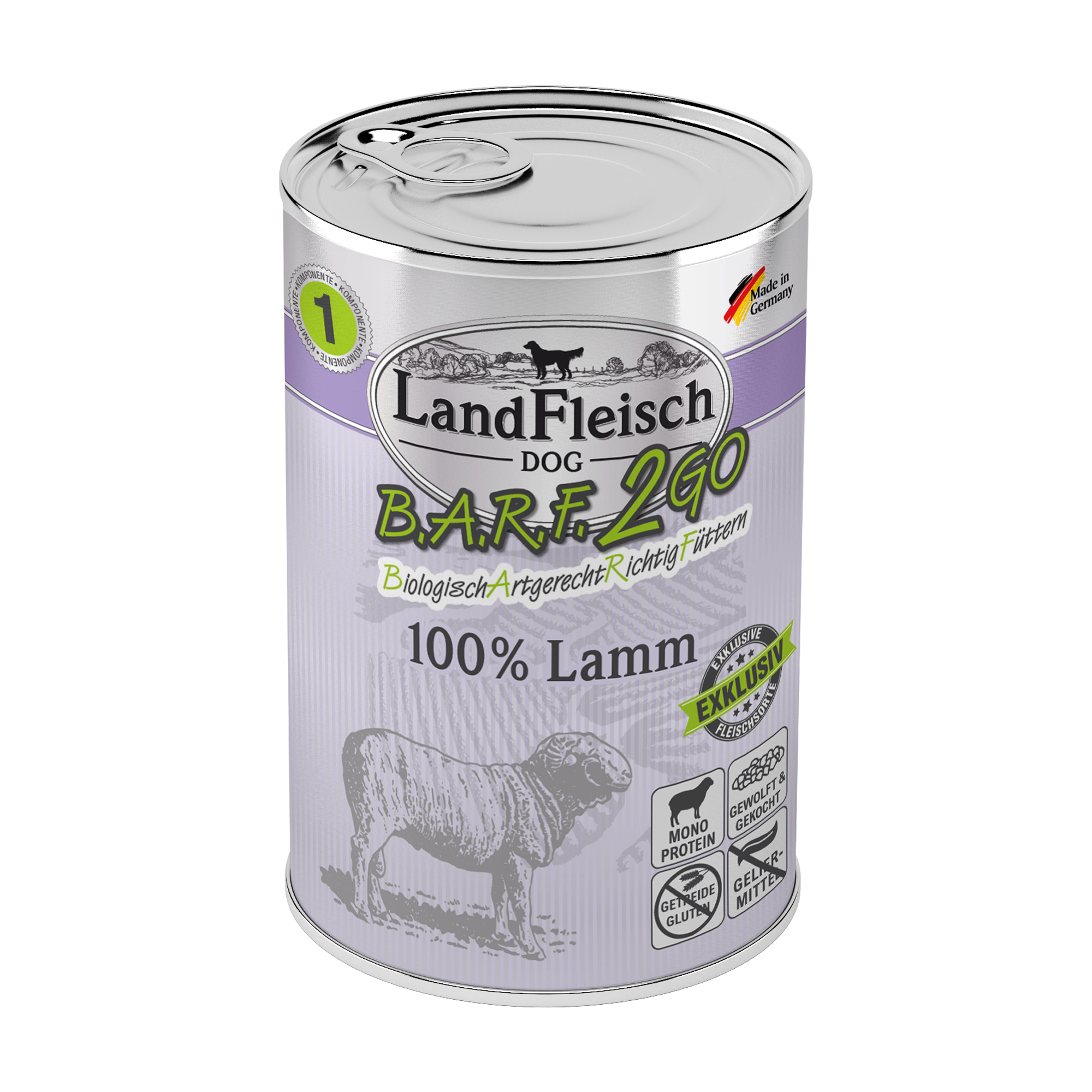Landfleisch Barf2Go Futter für Hunde 100% Lamm 400g - Barfen einfach gemacht