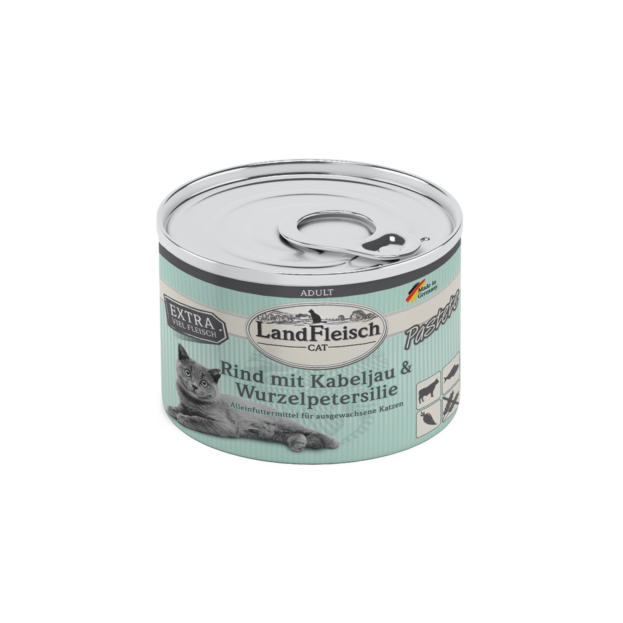 Landfleisch Katzenfutter Nassfutter Rind mit Kabeljau und Wurzelpetersilie 195g