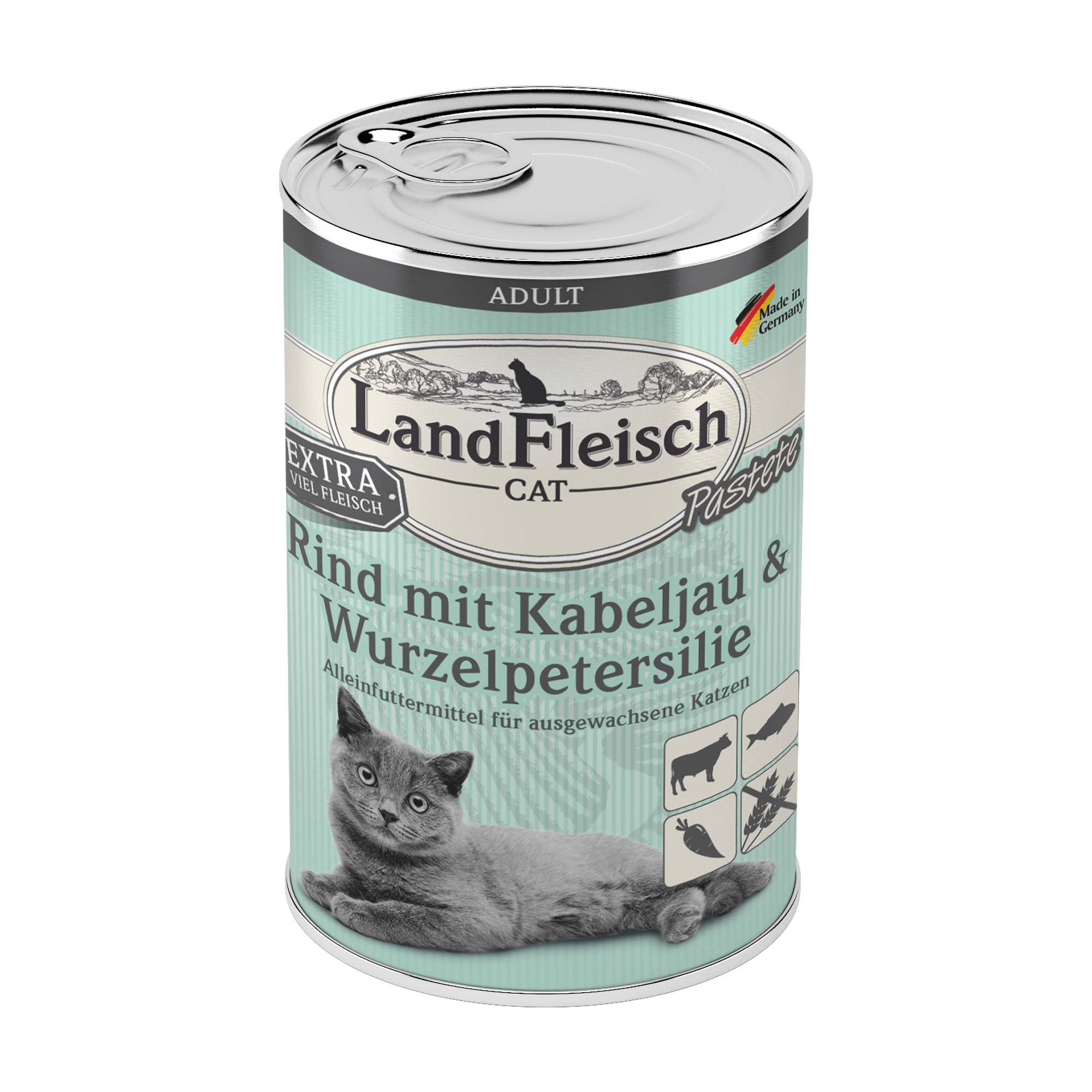Landfleisch Katzenfutter Nassfutter Rind mit Kabeljau und Wurzelpetersilie 400g