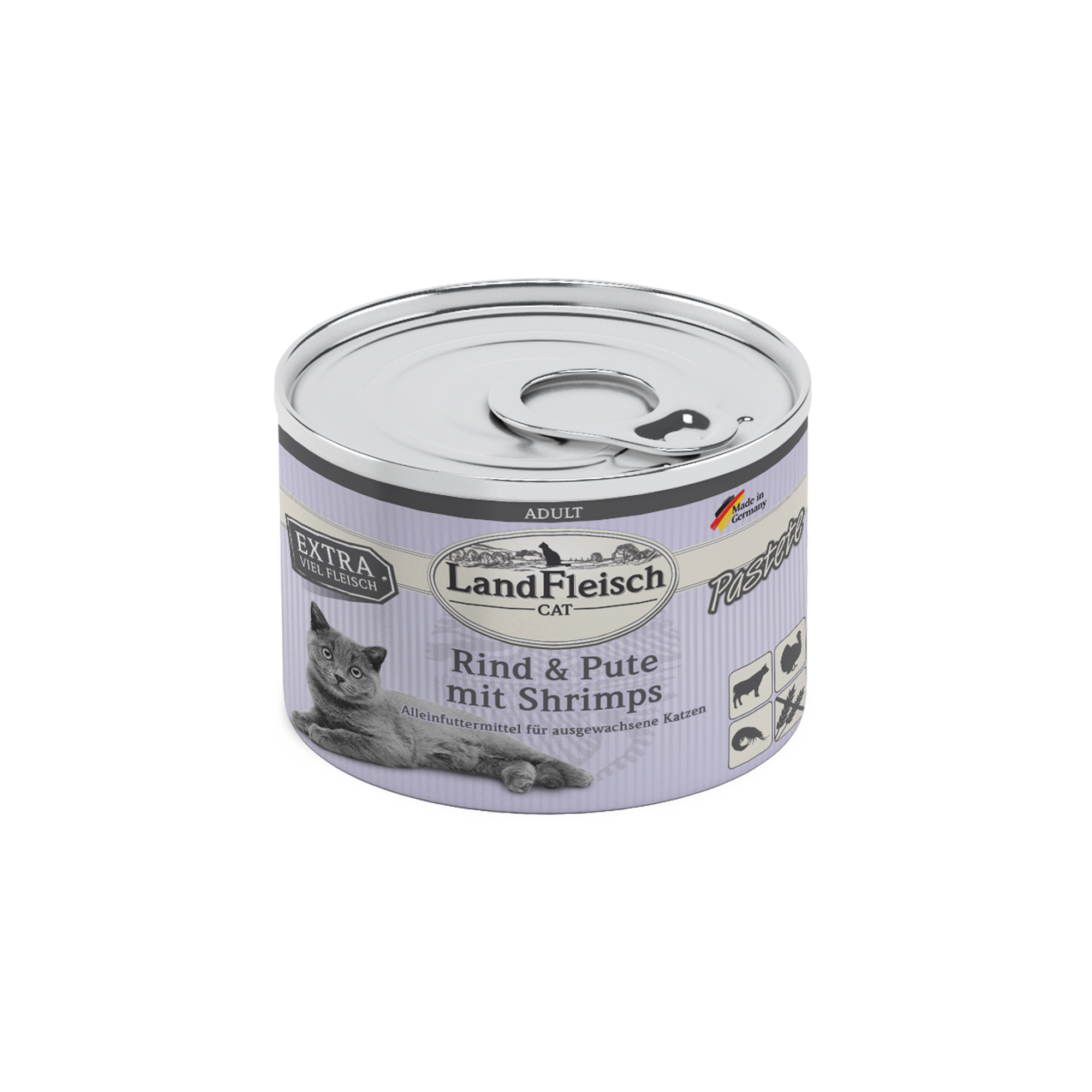 Landfleisch Katzenfutter Nassfutter Rind und Pute mit Shrimps Pastete 195g