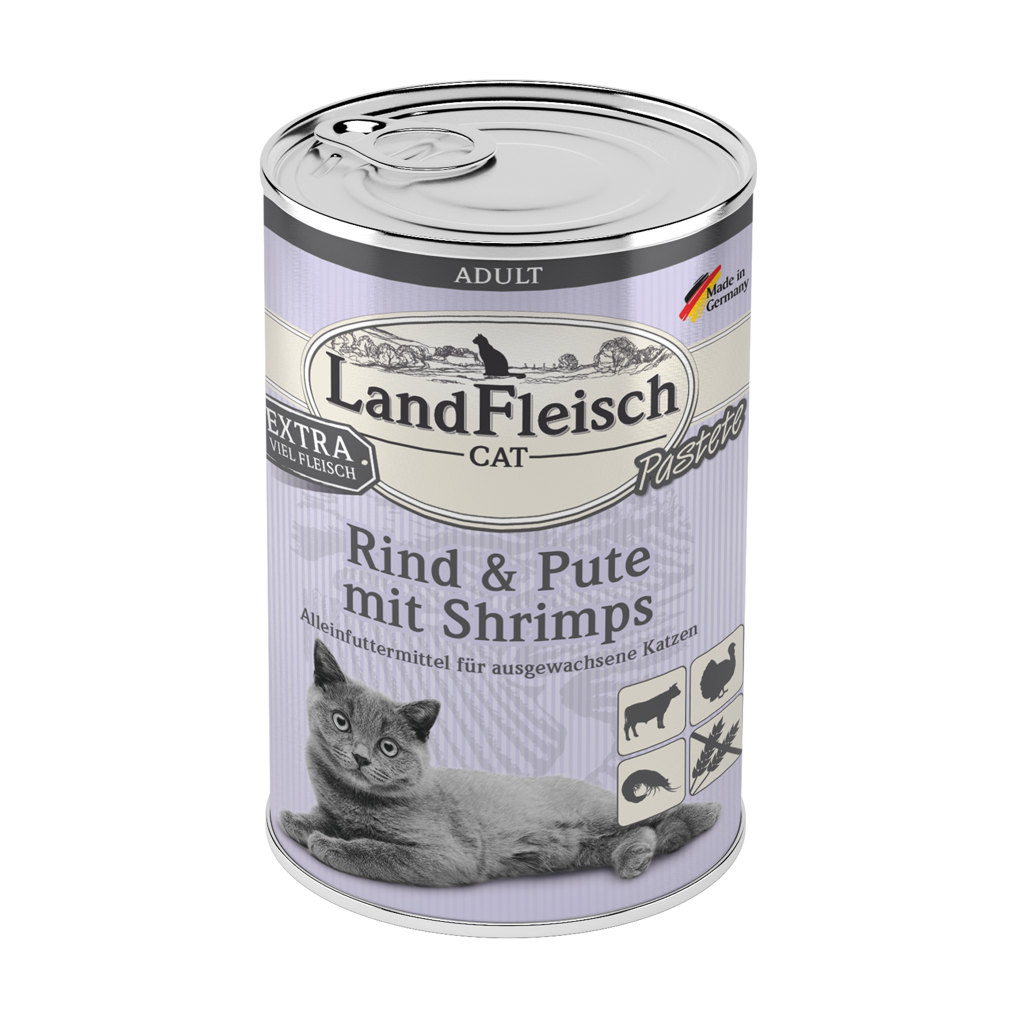 Landfleisch Katzenfutter Nassfutter Rind mit Pute und Shrimps Pastete 400g