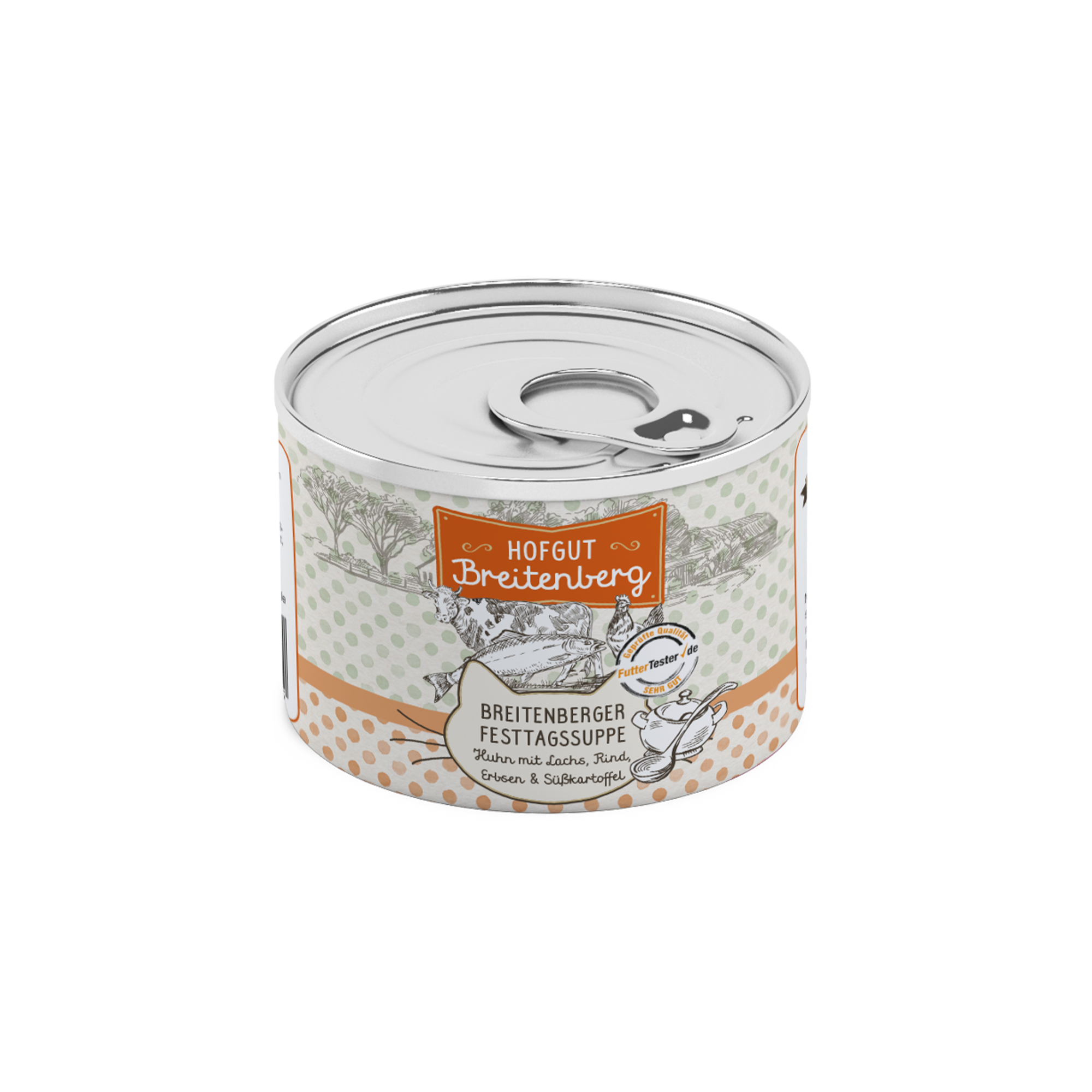 Dose Katzenfutter von Hofgut Breitenberg. Sorte Festtagssuppe mit Huhn, Lachs, Rind, Erbsen und Süßkartoffel.