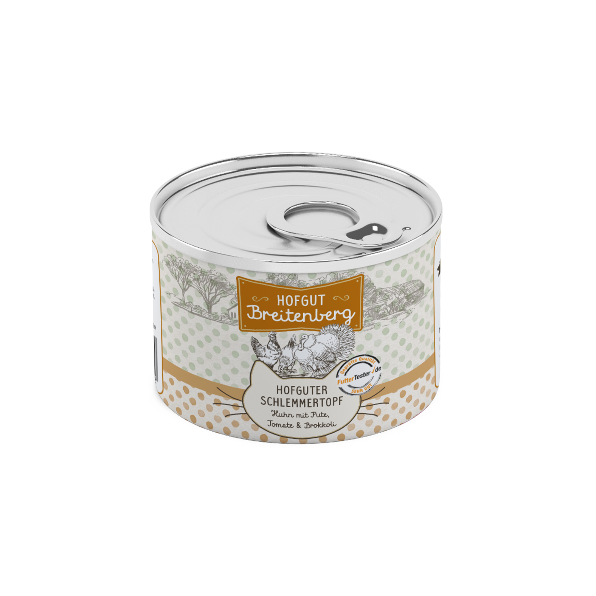 Dose Katzenfutter von Hofgut Breitenberg. Sorte Hofguter Schlemmertopf mit Huhn, Pute, Tomate und Brokkoli.