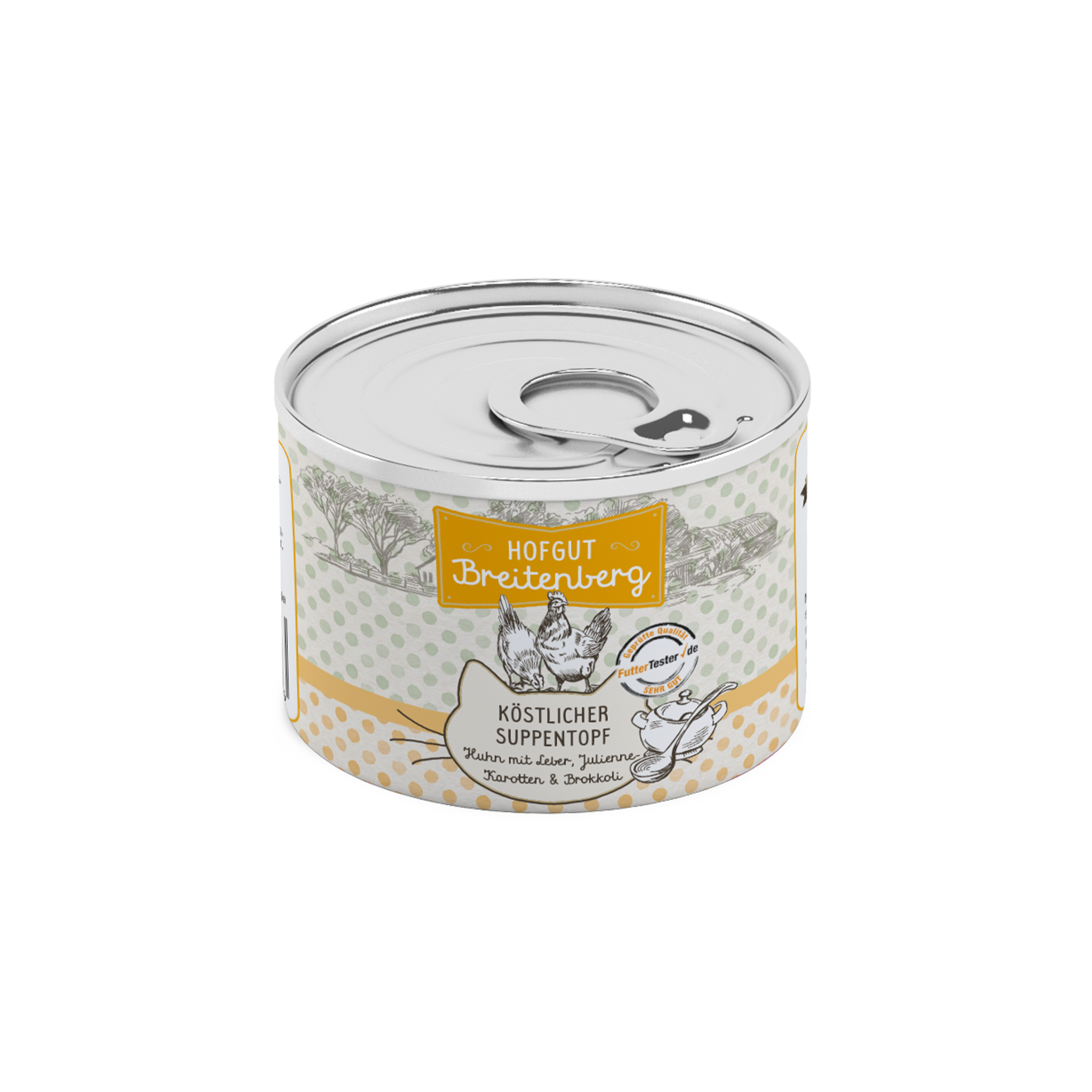 Dose Katzenfutter von Hofgut Breitenberg. Sorte Köstlicher Suppentopf mit Huhn, Leber, Julienne-Karotten und Brokkoli.
