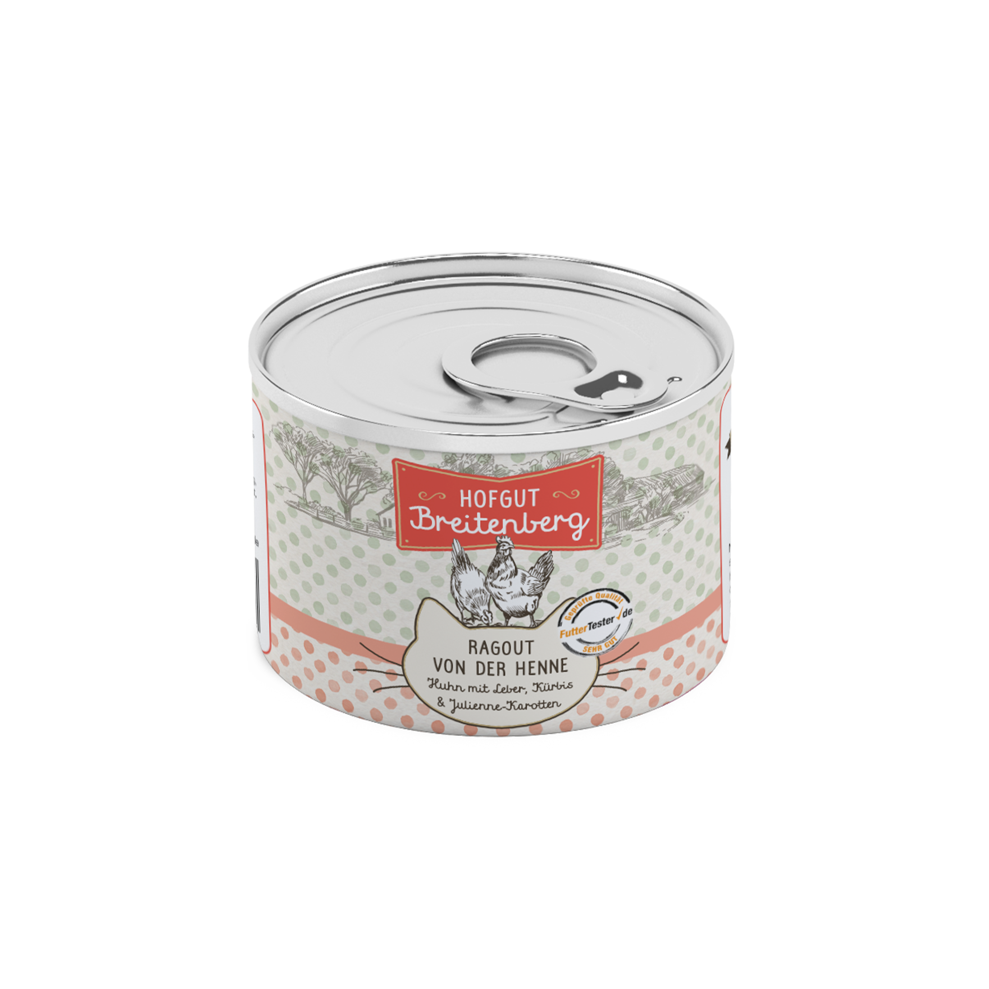 Dose Katzenfutter von Hofgut Breitenberg. Sorte Ragout von der Henne mit Huhn, Leber, Kürbis und Julienne-Karotten.