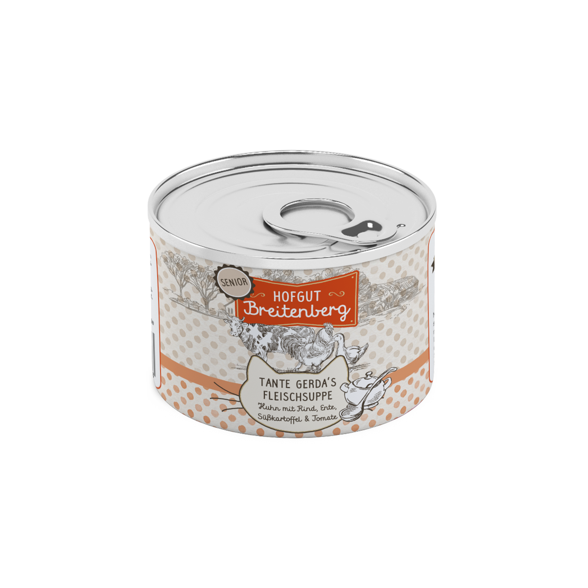 Dose Katzenfutter Senior von Hofgut Breitenberg. Sorte Tante Gerdas Fleischsuppe mit Huhn, Rind, Ente, Süßkartoffel und Tomate.