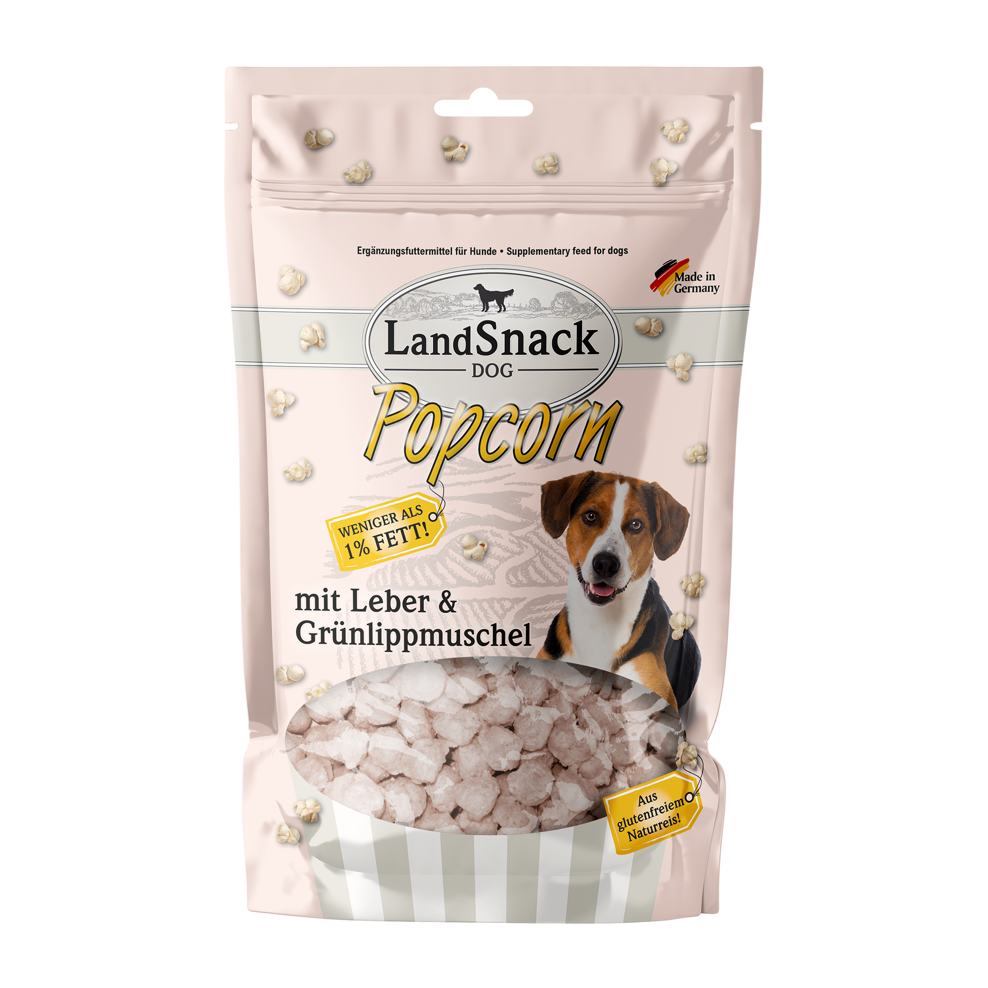 Landfleisch Popcorn Snack für Hunde mit Leber und Grünlippmuschel wenig Fett 100g