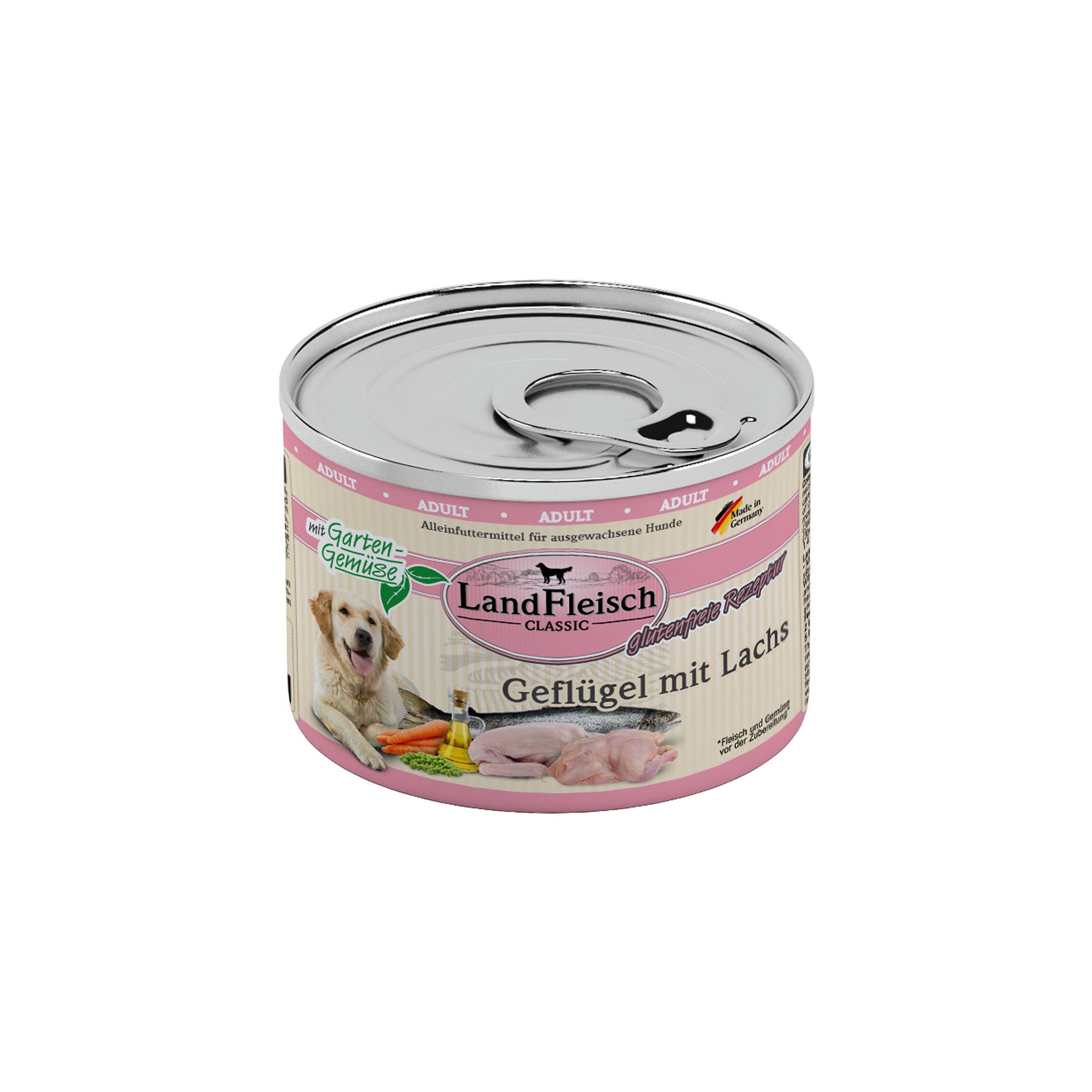 Landfleisch Hund Nassfutter Geflügel mit lachs ohne Gluten 195g