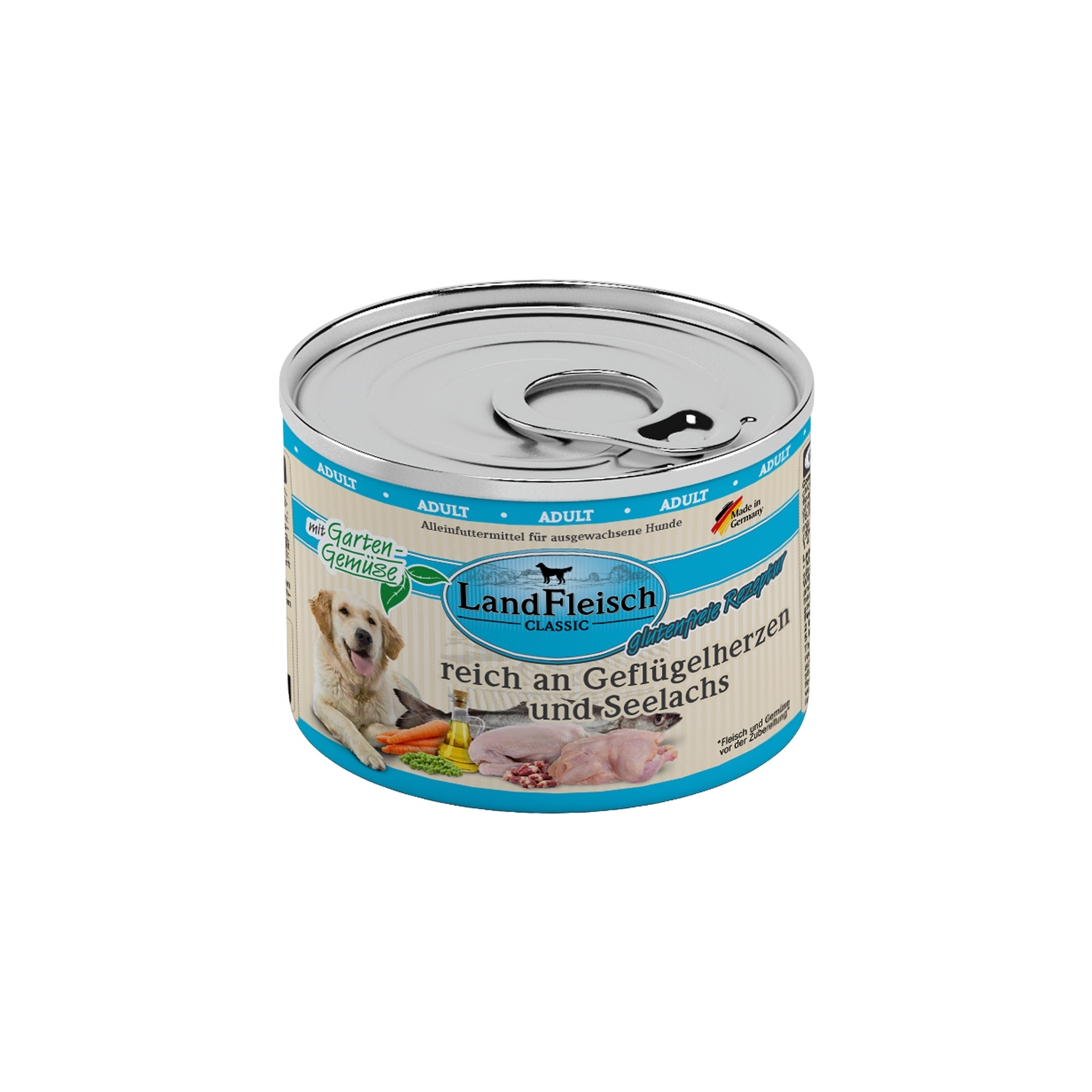 LandFleisch Dog Classic reich an Geflgelherzen und Seelachs mit  Gartengemse