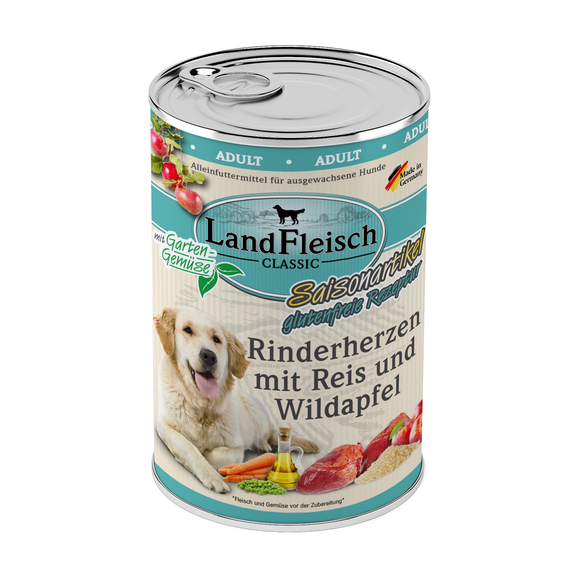 Landfleisch Hund Nassfutter Rinderherzen mit Reis und Wildapfel ohne Gluten 400g 