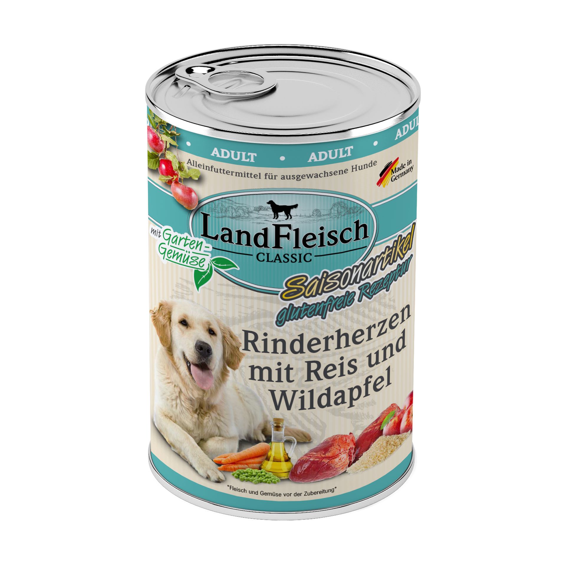 LandFleisch Dog Classic Rinderherzen mit Reis, Wildapfel und Gartengemüse