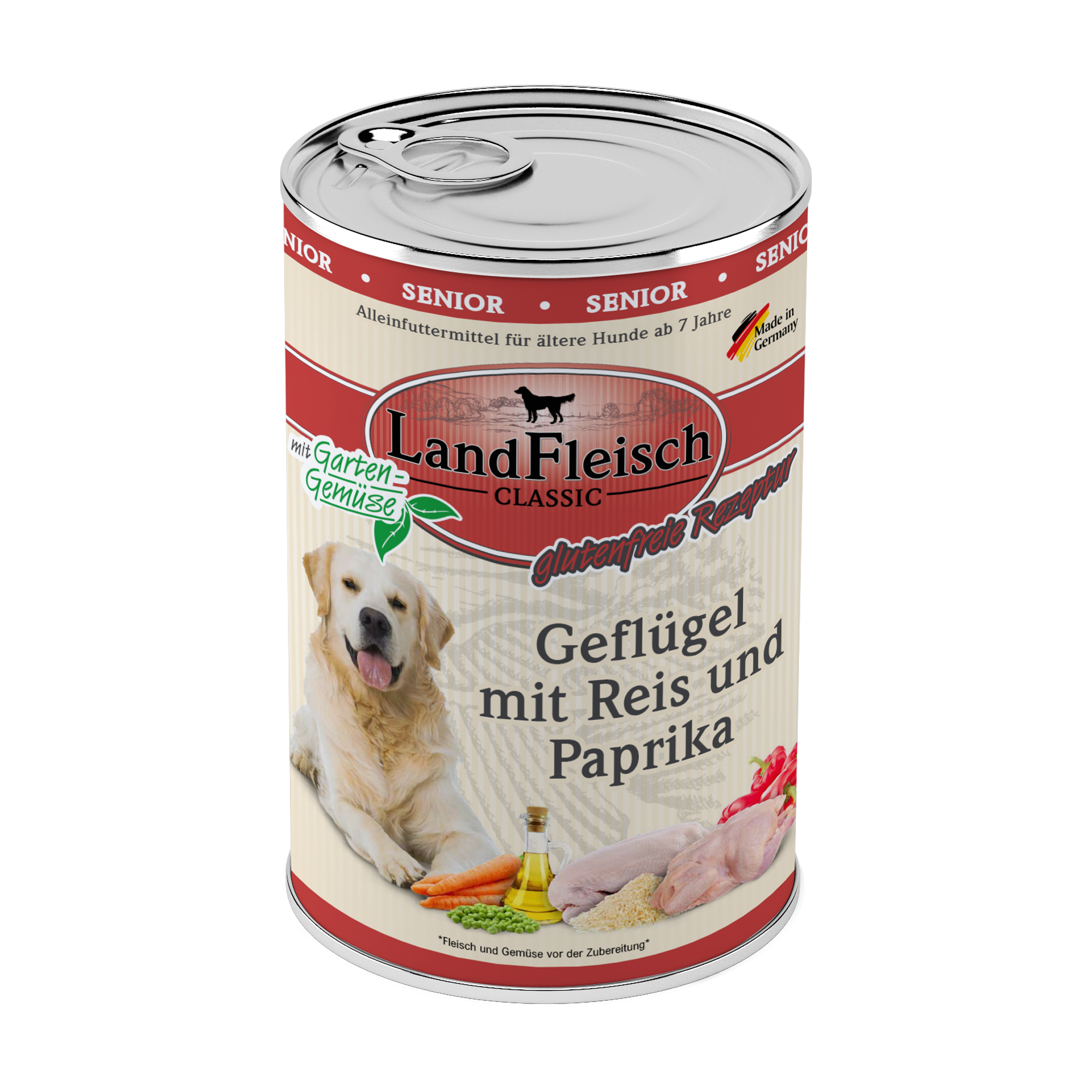 Landfleisch Hund Nassfutter Senior Geflügel mit Reis und Paprika ohne Gluten 400g