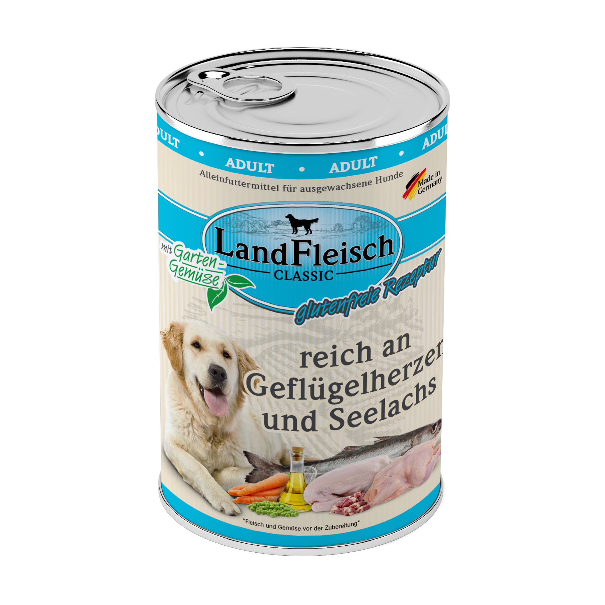Landfleisch Hund Nassfutter Geflügelherzen mit Seelachs ohne Gluten 400g