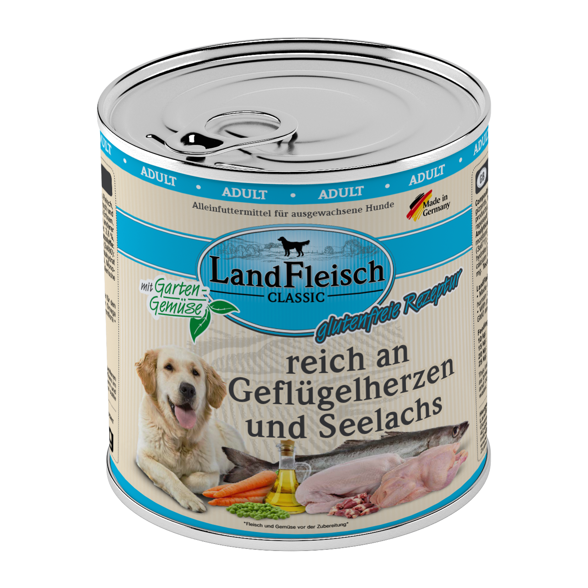 Landfleisch Hund Nassfutter reich an Geflügelherzen und Seelachs ohne Gluten 800g