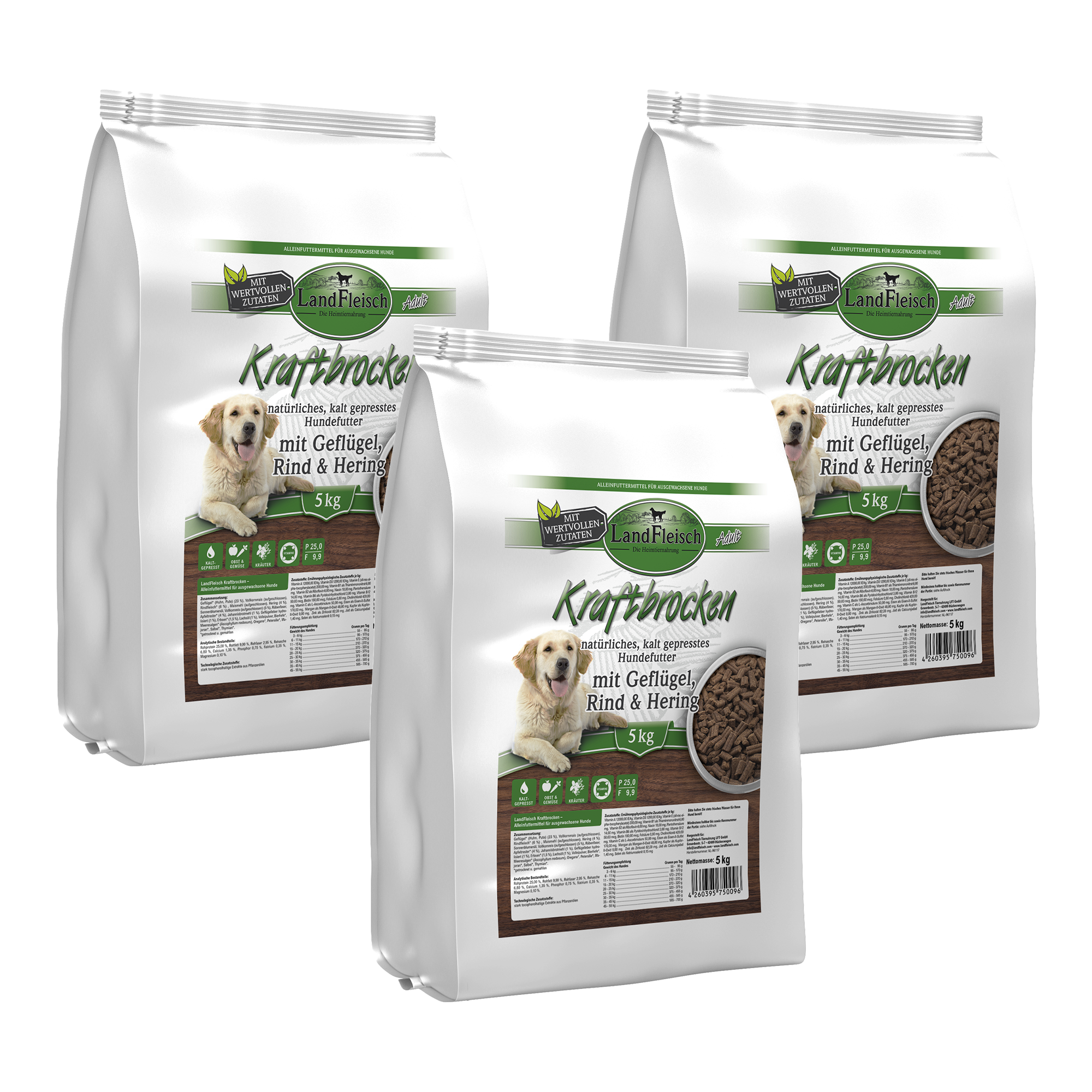 LandFleisch Dog Kraftbrocken ist ein kaltgepresstes Trockenfutter für Adult Hunde in 5kg. 