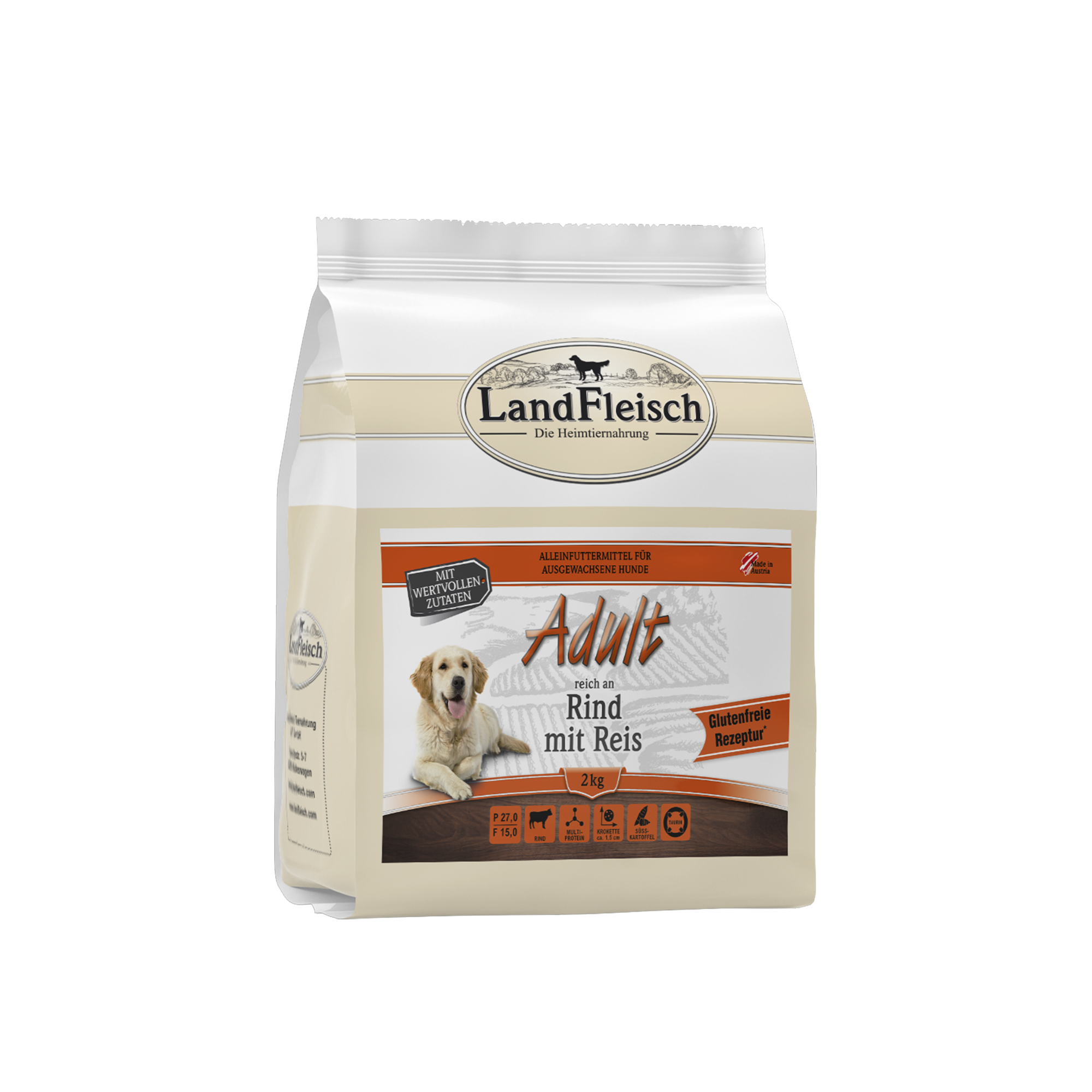 Landfleisch Hund Adult Trockenfutter Rind mit Reis ohne Gluten 2kg