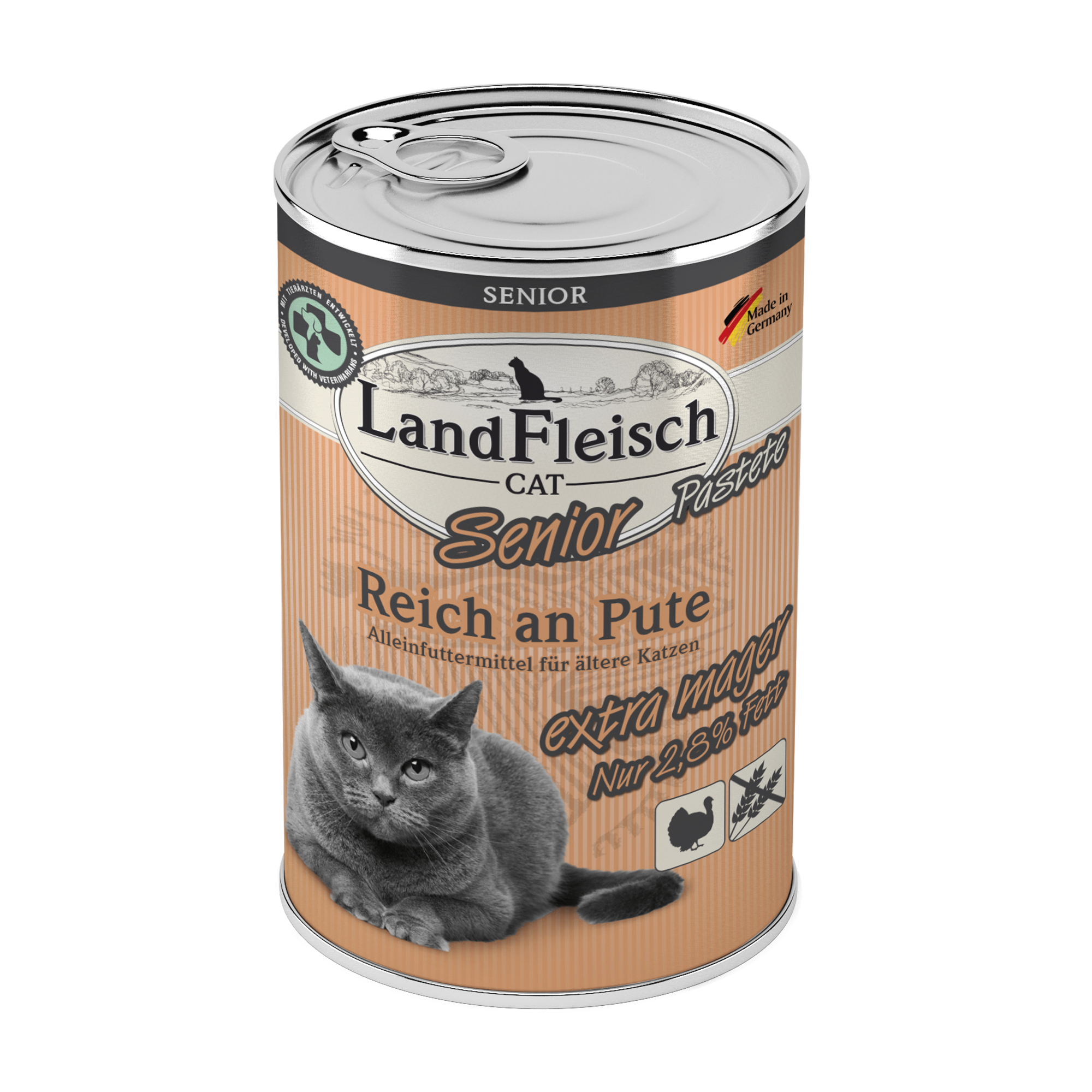 Landfleisch Katzenfutter Nassfutter Senior Reich an Pute extra mager 400g Dose