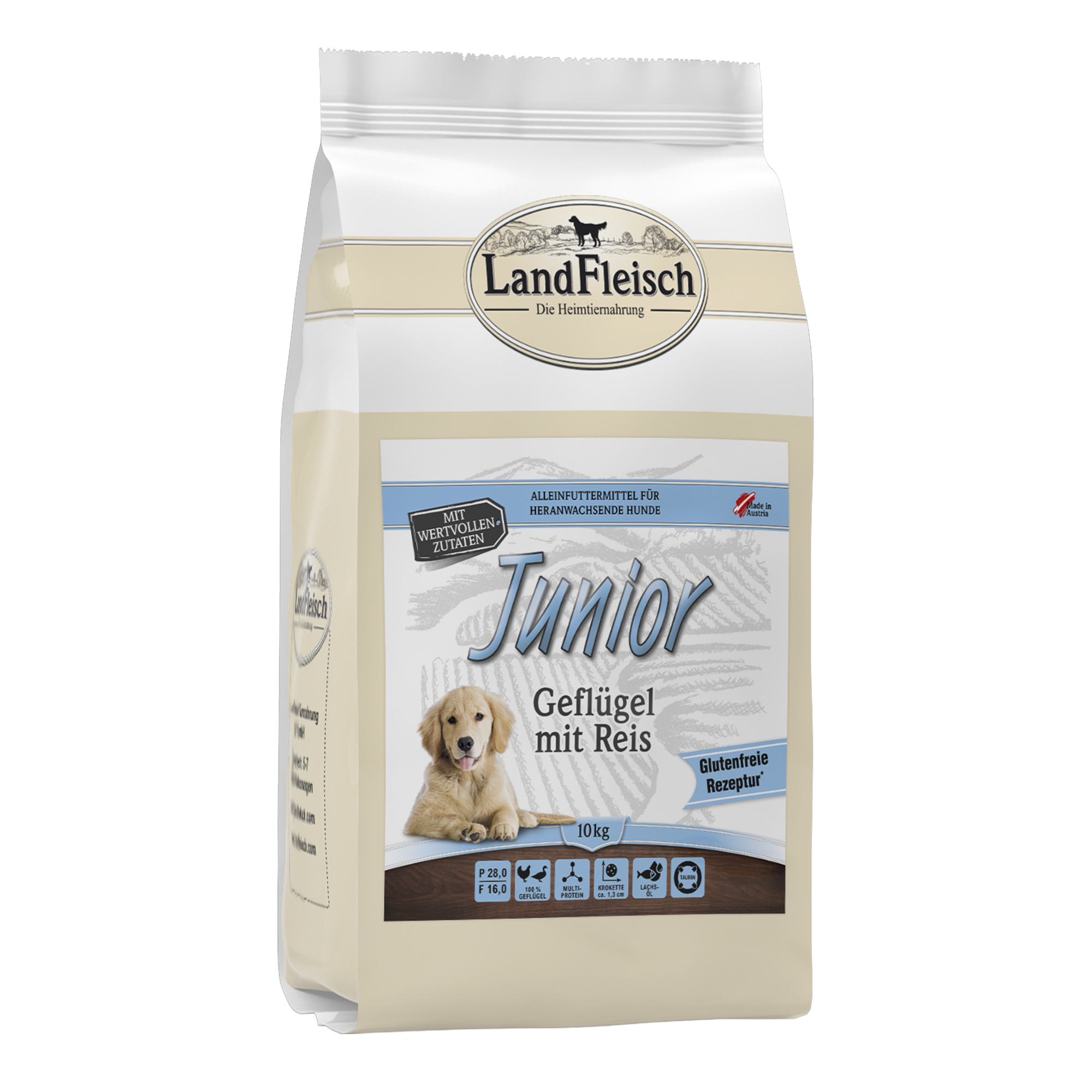 Landfleisch Hund Junior Trockenfutter Geflügel mit Reis ohne Gluten 10kg