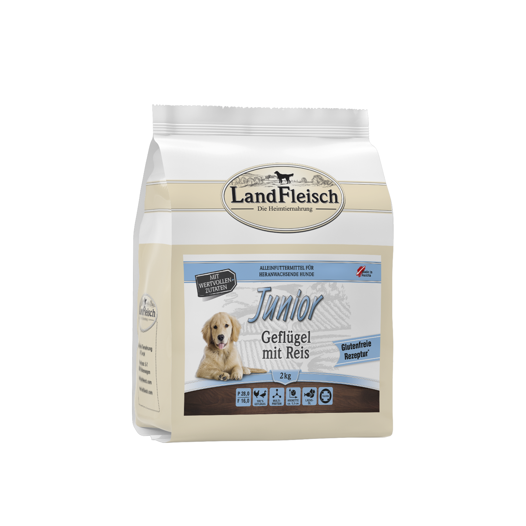 Landfleisch Hund Junior Trockenfutter Geflügel mit Reis ohne Gluten 2kg